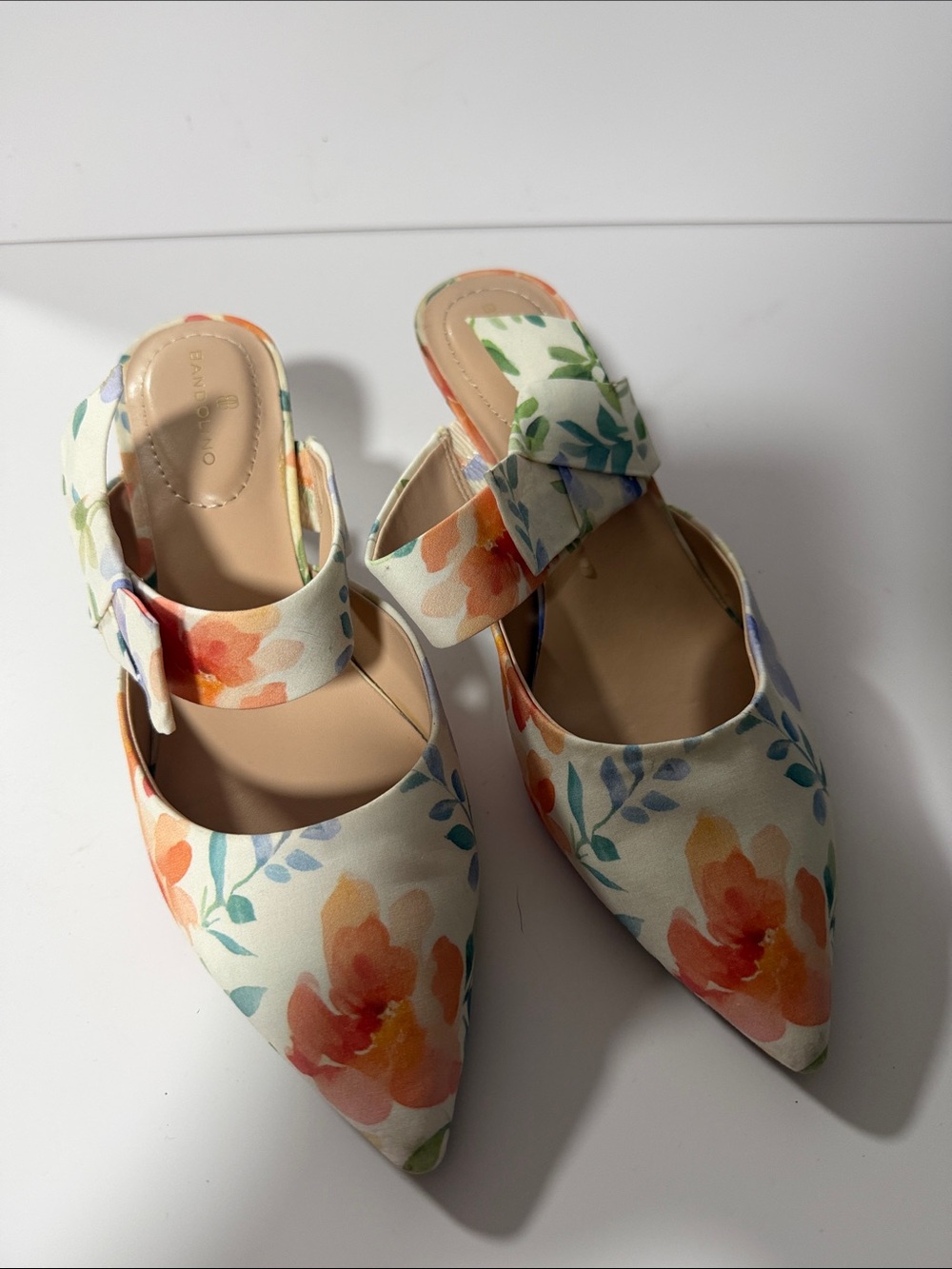 Bandolino Floral Pointed Mules in Cream with Orange & Blue Accents